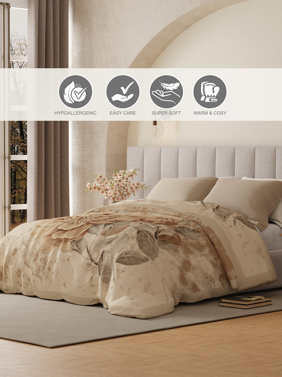 Double Size 3-Ply Blanket for Heavy Winter, 1000 GSM Beige Floral Print (Size - 2.20 m x 2.40 m), Platinum Pulse