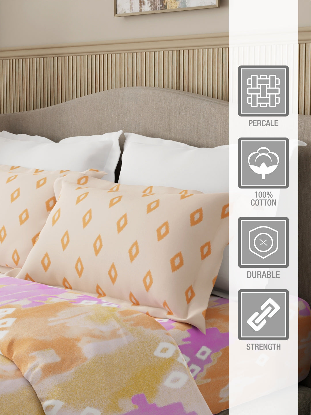 Embrace 100% Cotton 152 TC Orange & Purple Geometrical Print Double Bedsheet with 2 Pillow Covers