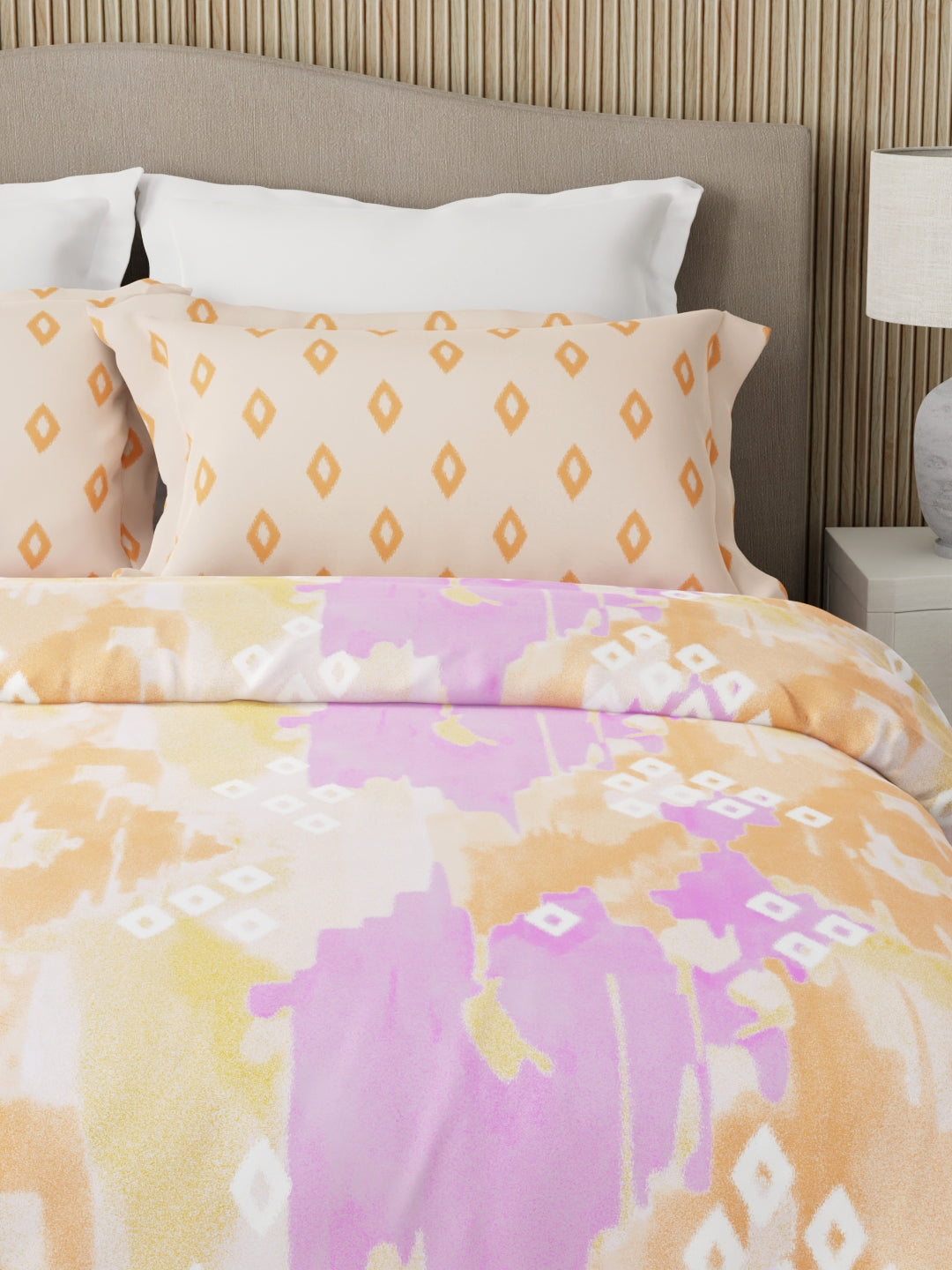 Embrace 100% Cotton 152 TC Orange & Purple Geometrical Print Double Bedsheet with 2 Pillow Covers