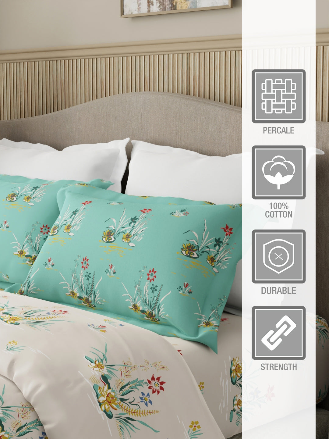 Embrace 100% Cotton 152 TC White & Green Floral Double Bedsheet with 2 Pillow Covers