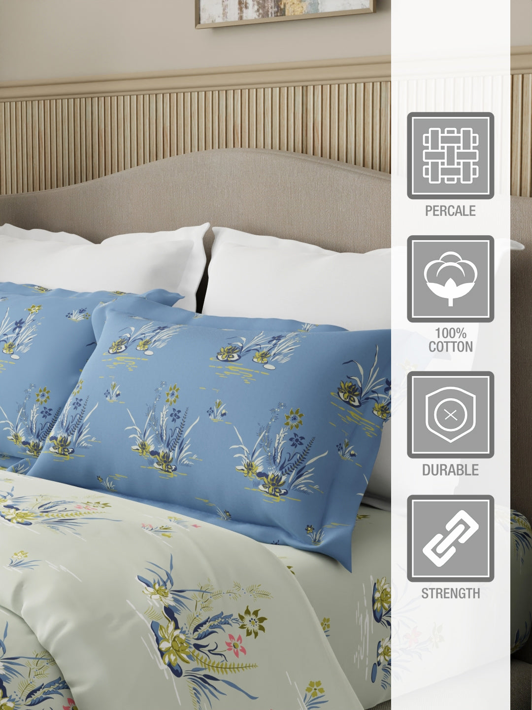Embrace 100% Cotton 152 TC White & Blue Floral Double Bedsheet with 2 Pillow Covers