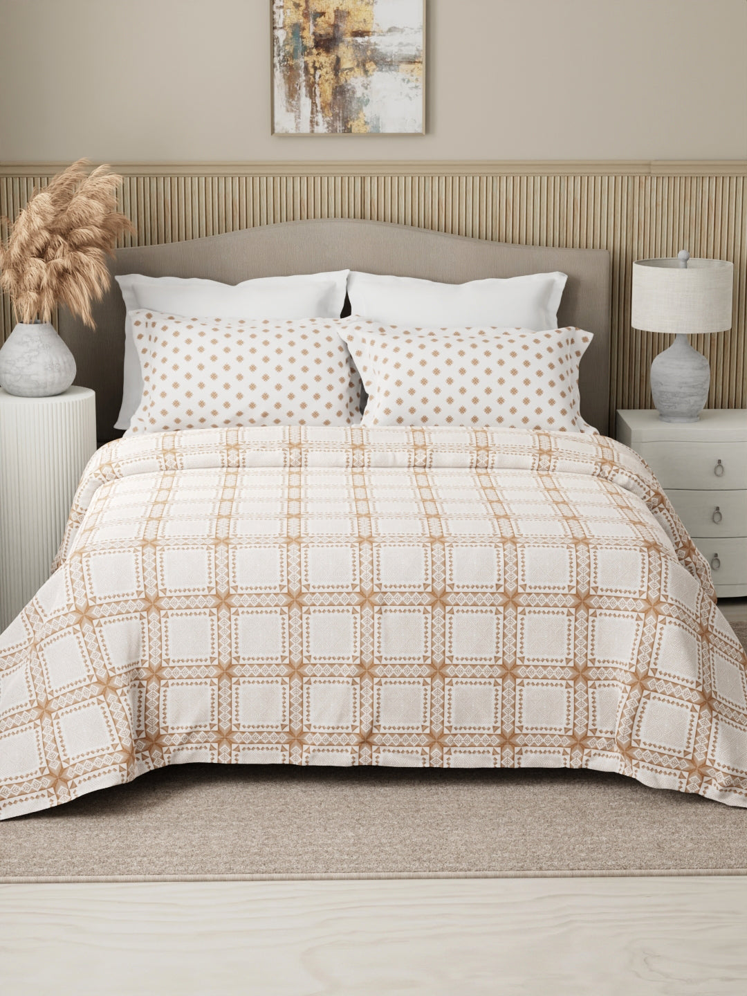 Embrace 100% Cotton 152 TC White & Brown Checks Print Double Bedsheet with 2 Pillow Covers