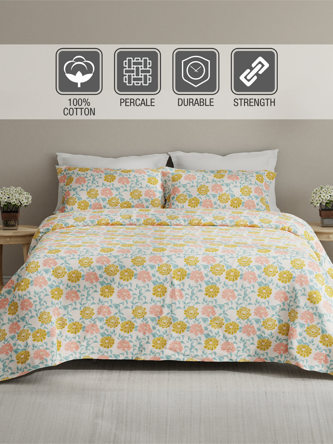 Embrace 100% Cotton 152 TC Multicolor Floral King Bedsheet with 2 Pillow Covers
