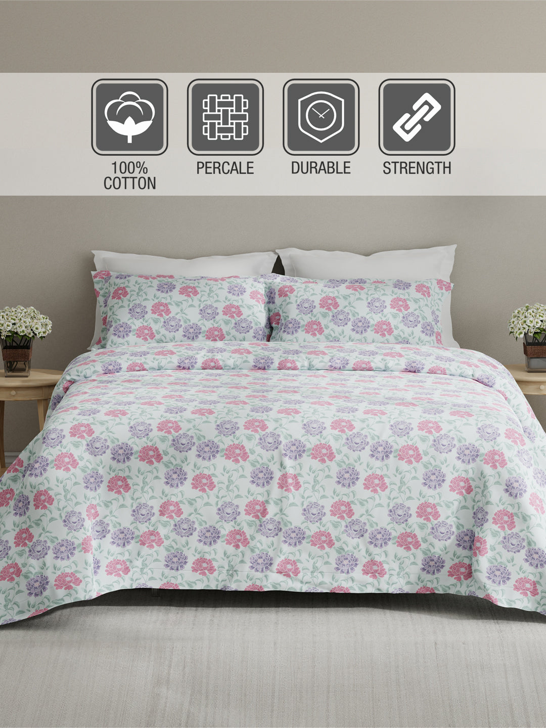 Embrace 100% Cotton 152 TC Blue Floral King Bedsheet with 2 Pillow Covers