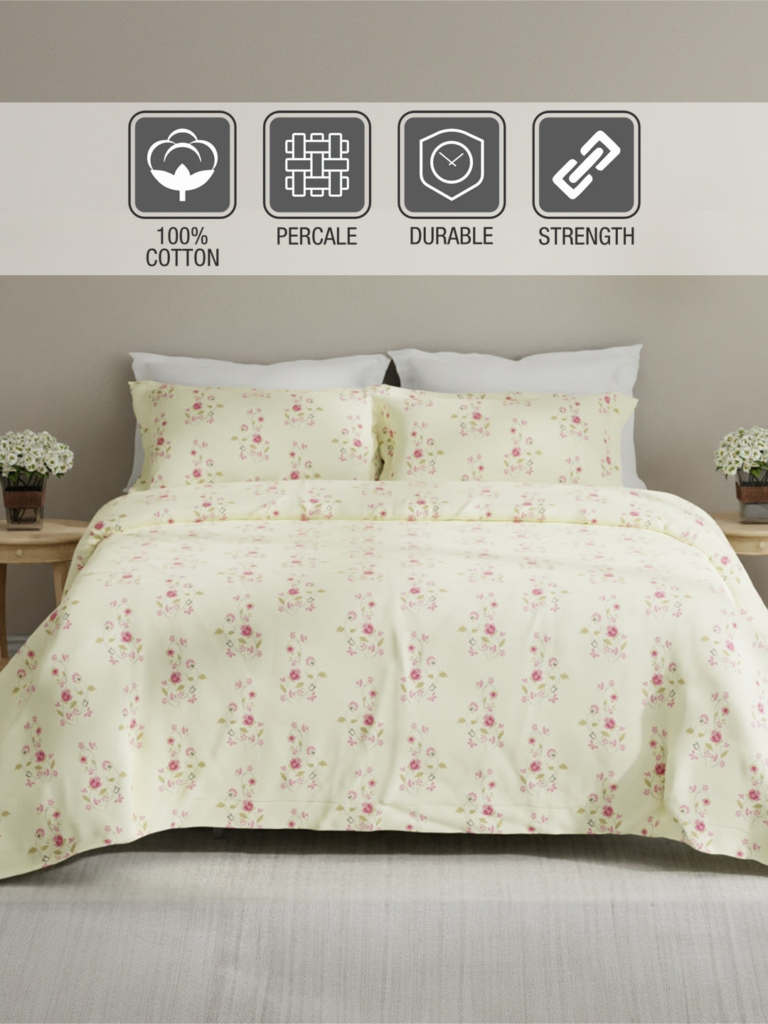 Embrace 100% Cotton 152 TC Yellow Floral King Bedsheet with 2 Pillow Covers