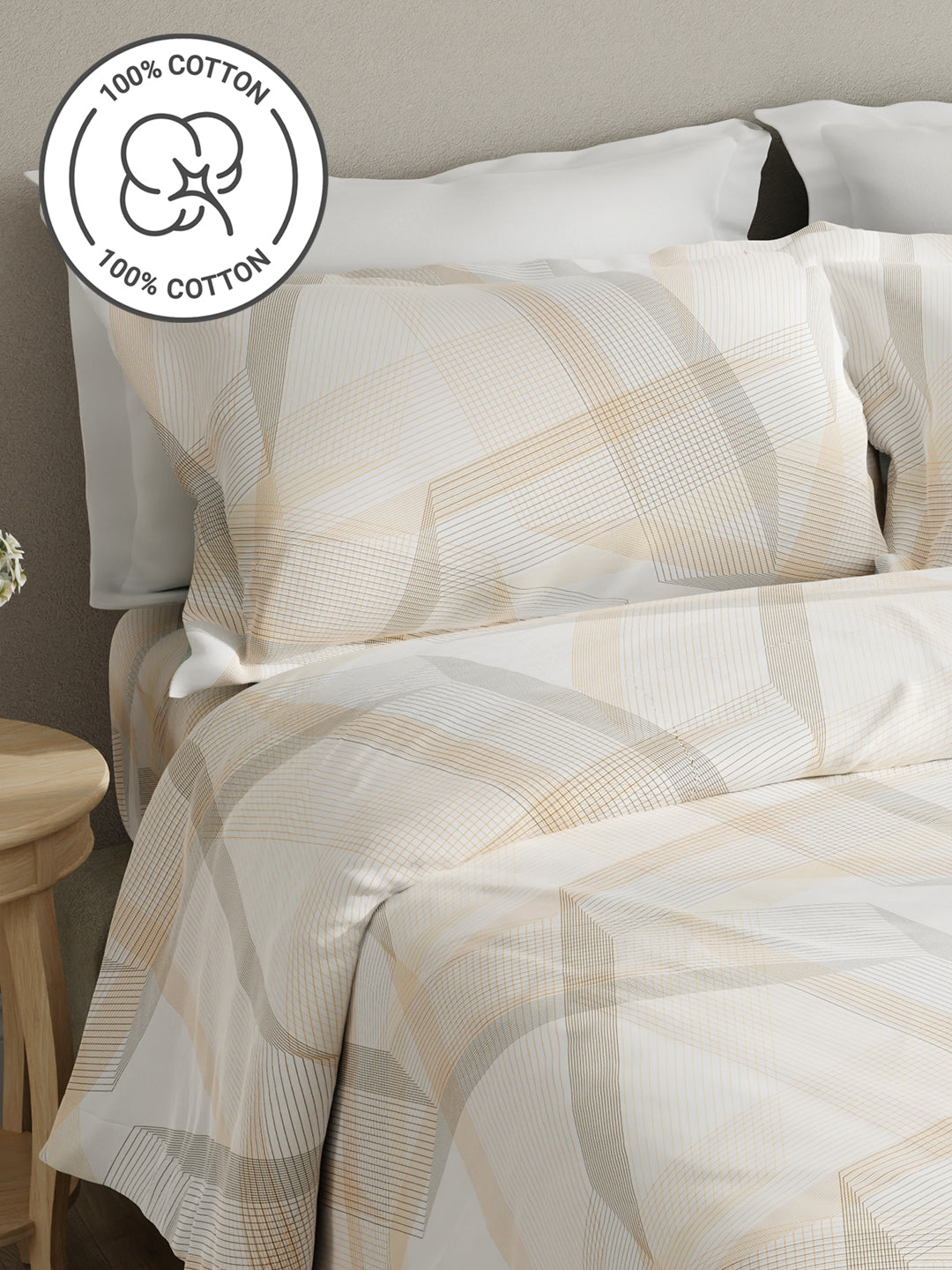 Embrace 100% Cotton 152 TC Beige Stripes King Bedsheet with 2 Pillow Covers