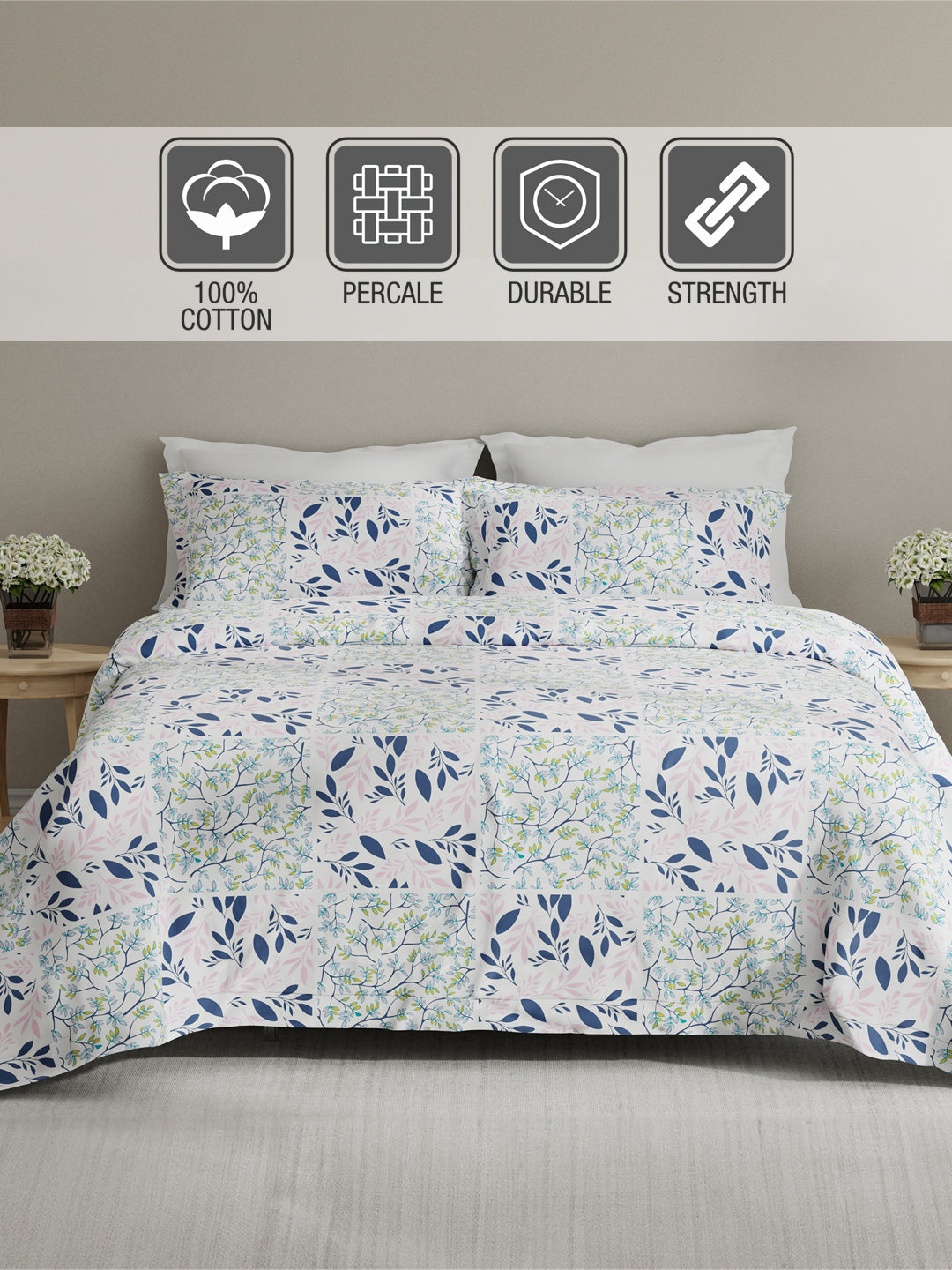 Embrace 100% Cotton 152 TC Blue & Pink Floral King Bedsheet with 2 Pillow Covers