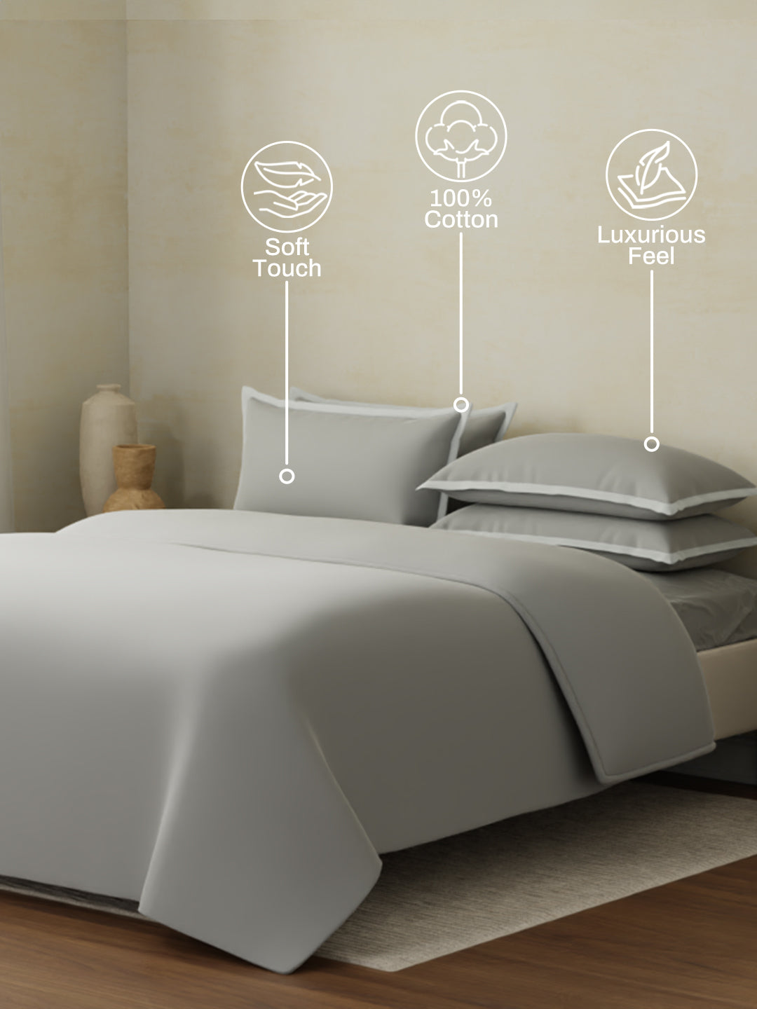100% Cotton 400 TC King Size Bedding Set, 1 Bedsheet with 1 Duvet Cover & 4 Pillow Covers, Cotton Charm Collection - Limestone