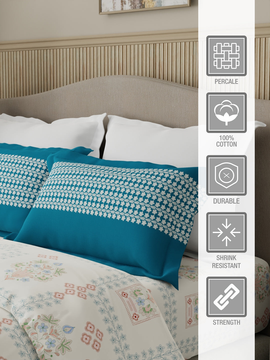 Valatia 100% Cotton 200 TC Karigari Printed Double Bedsheet with 2 Pillow Covers - Blue & White