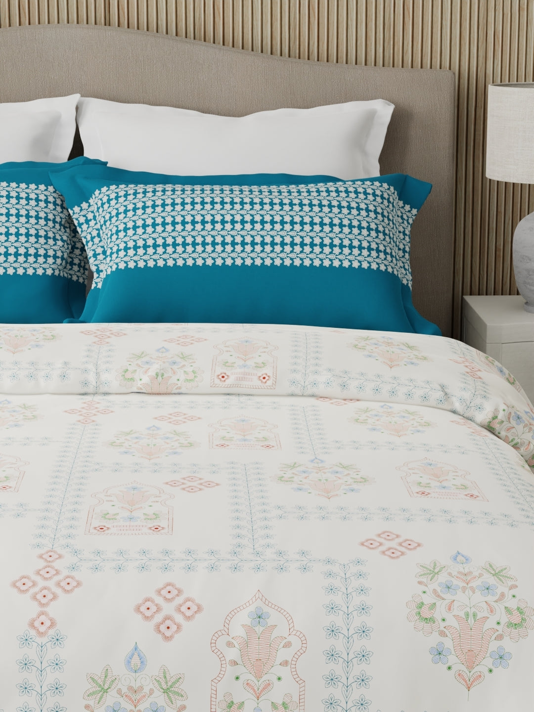 Valatia 100% Cotton 200 TC Karigari Printed Double Bedsheet with 2 Pillow Covers - Blue & White