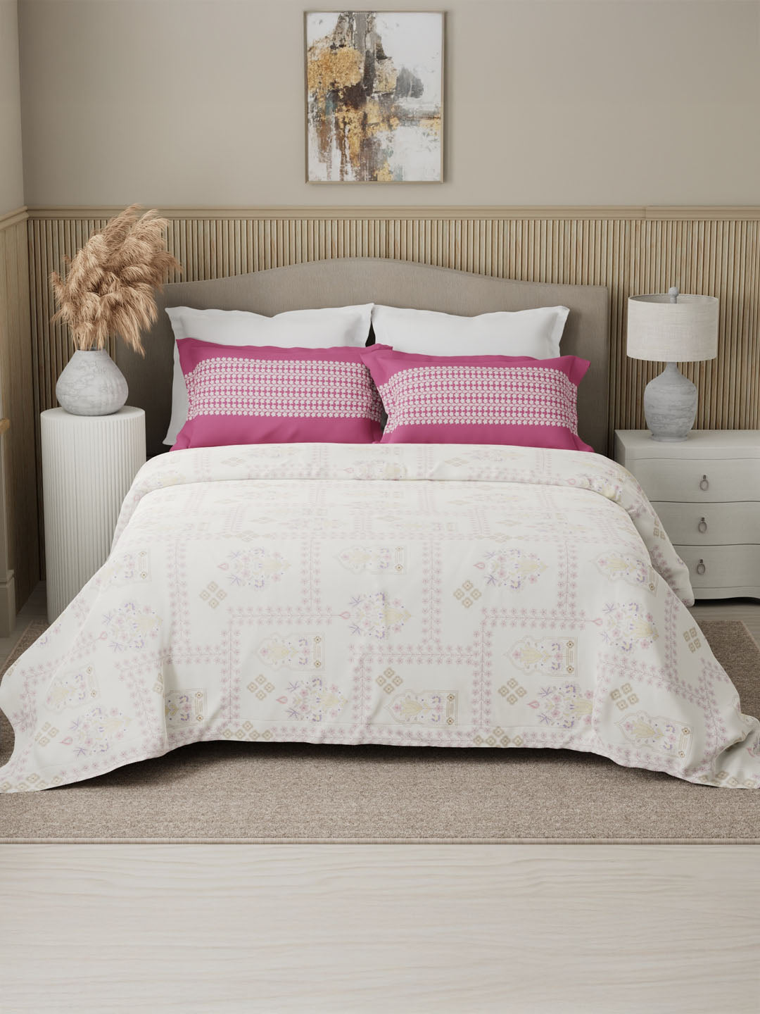 Valatia 100% Cotton 200 TC Karigari Printed Double Bedsheet with 2 Pillow Covers - Dark Pink & White