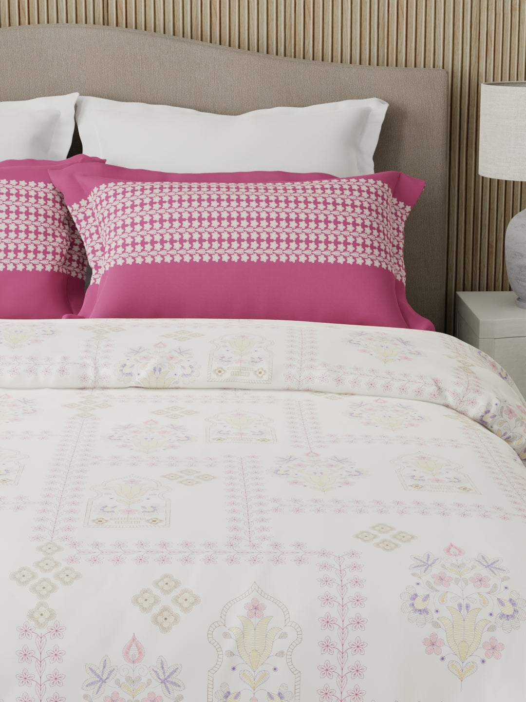 Valatia 100% Cotton 200 TC Karigari Printed Double Bedsheet with 2 Pillow Covers - Dark Pink & White