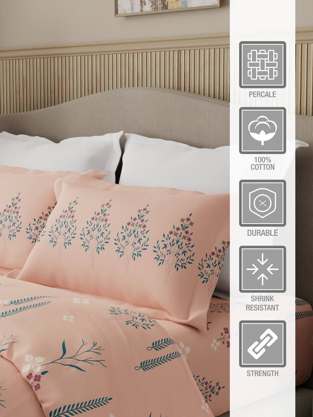 Valatia 100% Cotton 200 TC Karigari Printed Double Bedsheet with 2 Pillow Covers - Peach
