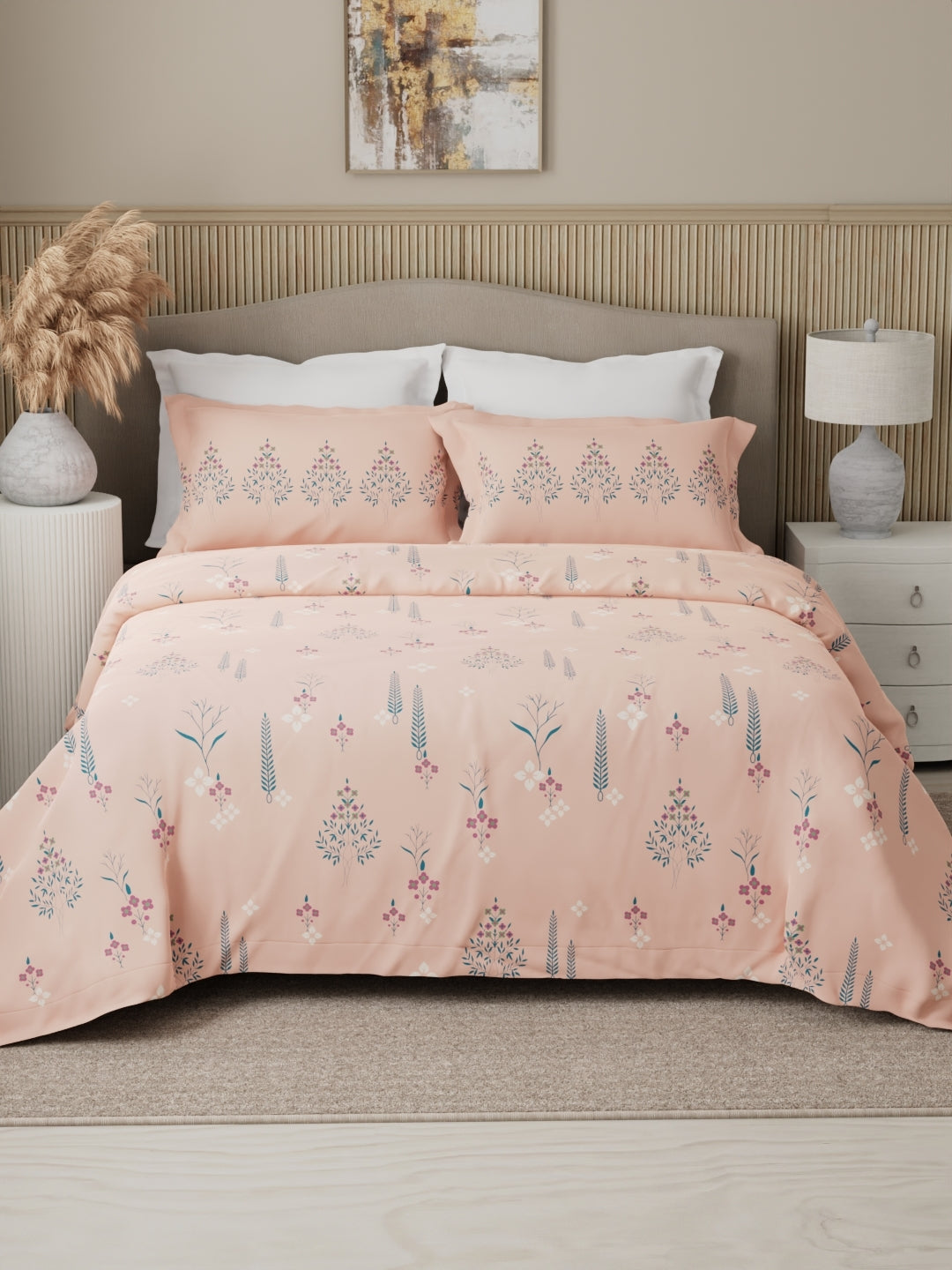 Valatia 100% Cotton 200 TC Karigari Printed Double Bedsheet with 2 Pillow Covers - Peach