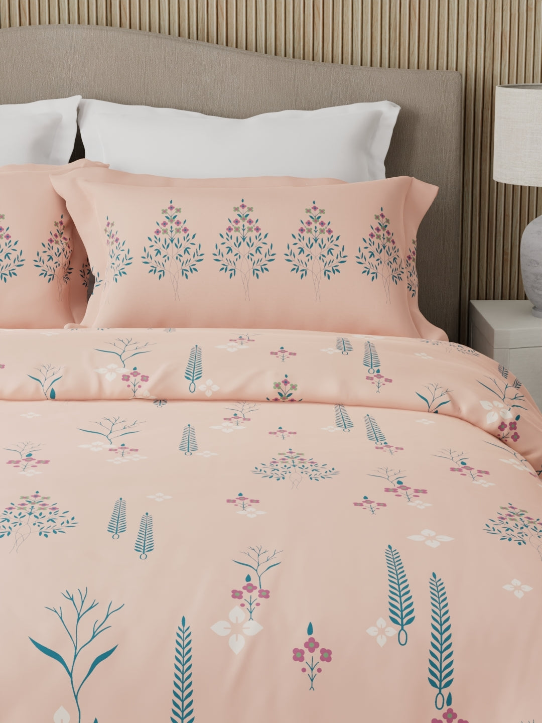 Valatia 100% Cotton 200 TC Karigari Printed Double Bedsheet with 2 Pillow Covers - Peach