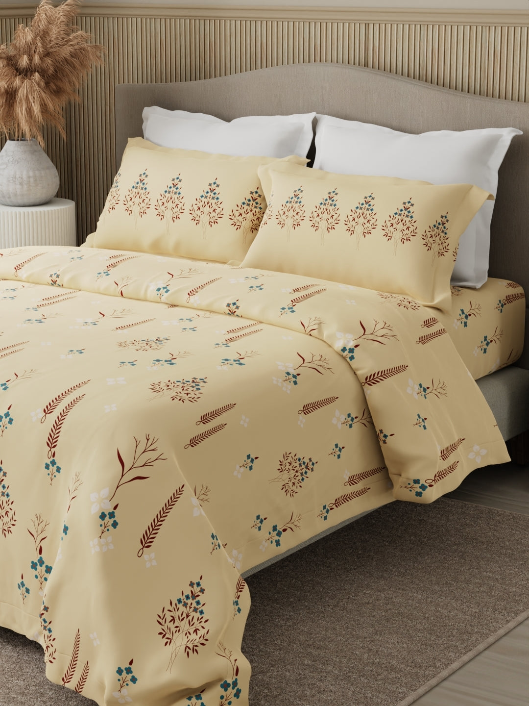 Valatia 100% Cotton 200 TC Karigari Printed Double Bedsheet with 2 Pillow Covers - Yellow