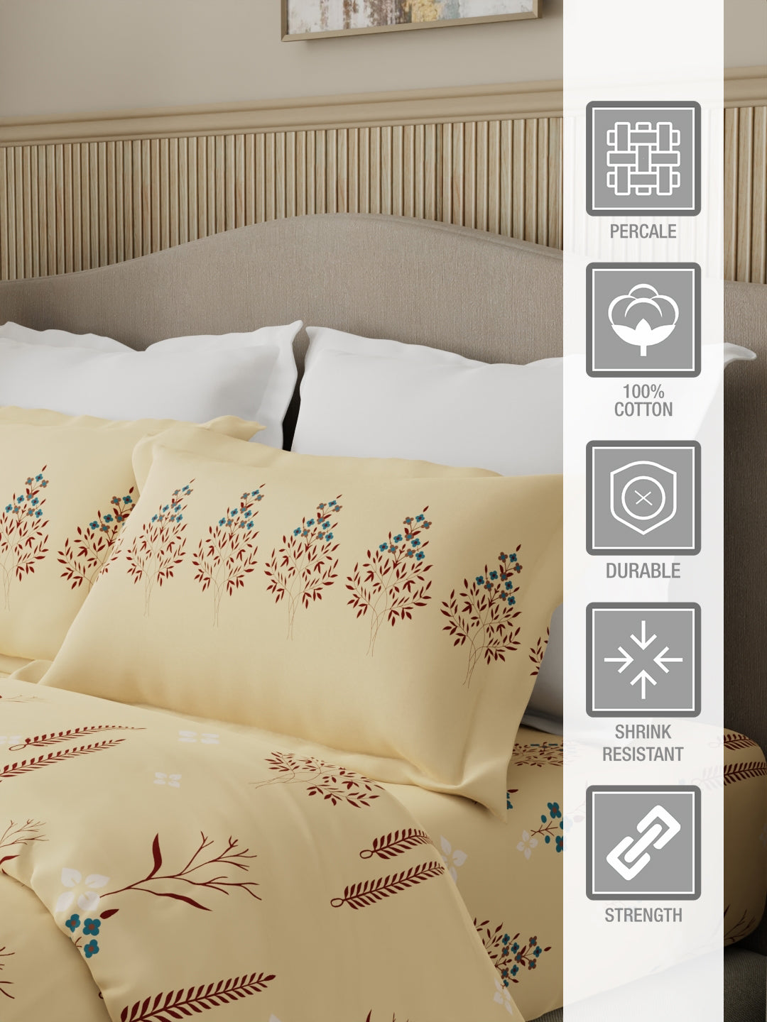 Valatia 100% Cotton 200 TC Karigari Printed Double Bedsheet with 2 Pillow Covers - Yellow