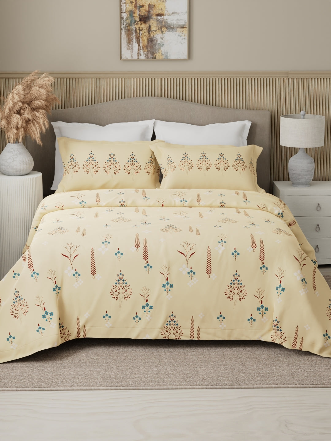 Valatia 100% Cotton 200 TC Karigari Printed Double Bedsheet with 2 Pillow Covers - Yellow