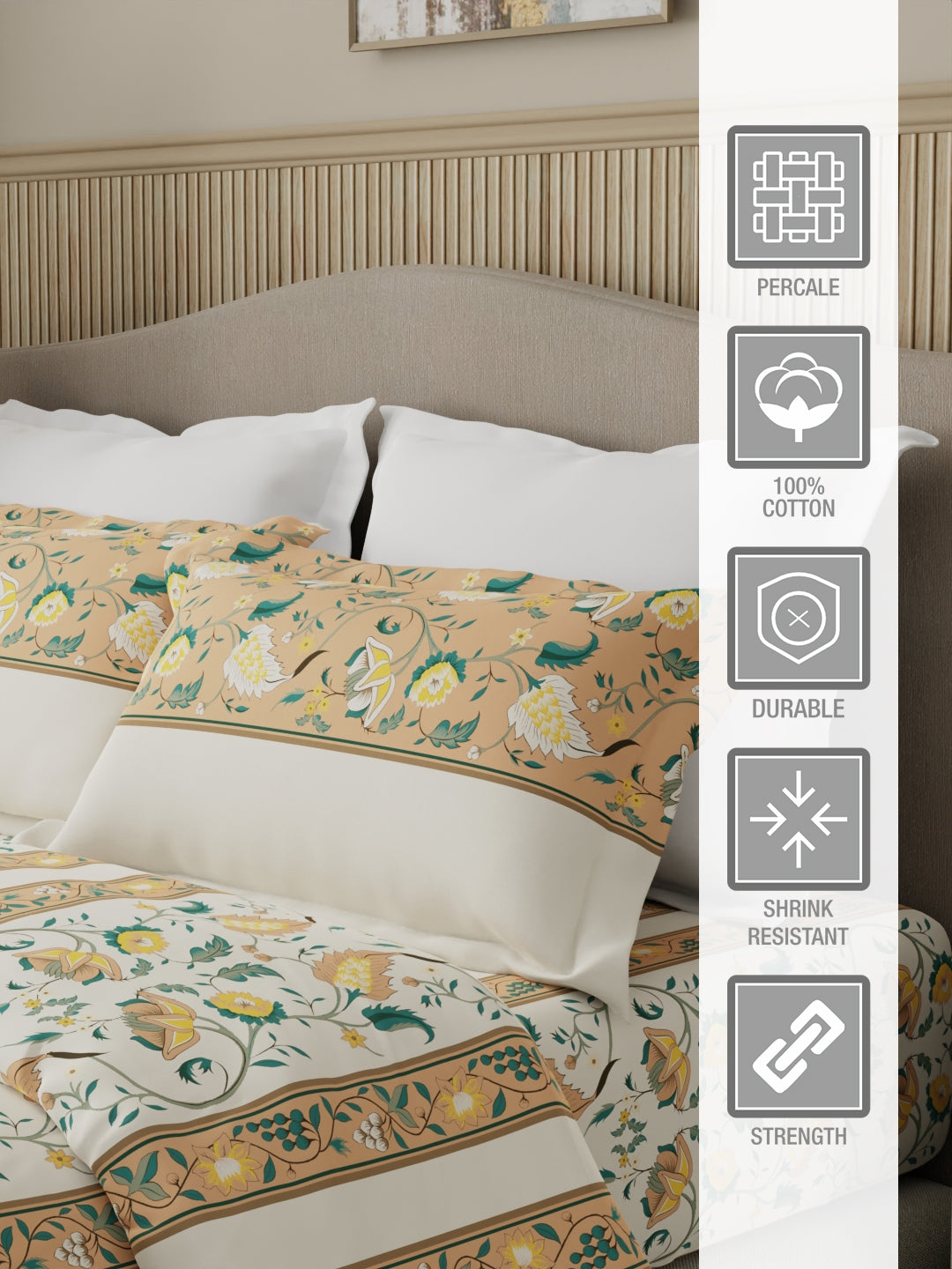 Valatia 100% Cotton 200 TC Karigari Printed Double Bedsheet with 2 Pillow Covers - Yellow & White