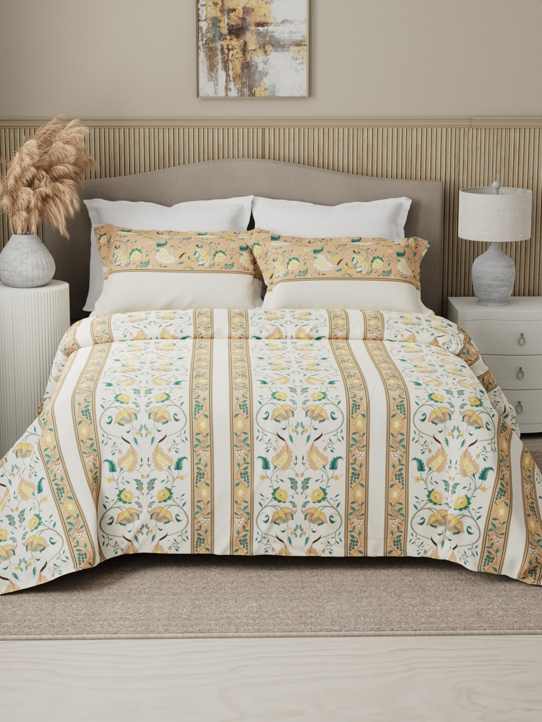 Valatia 100% Cotton 200 TC Karigari Printed Double Bedsheet with 2 Pillow Covers - Yellow & White