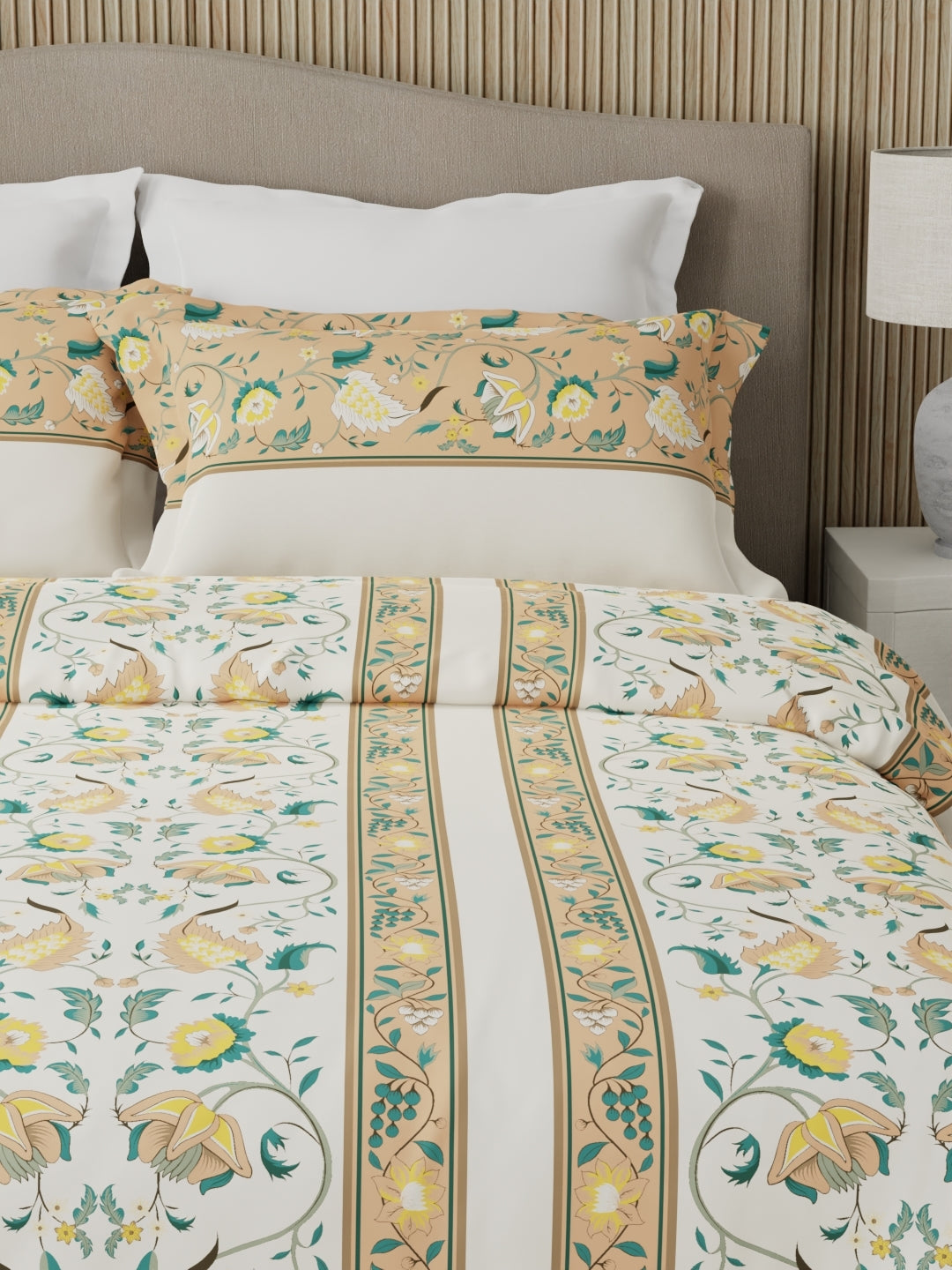 Valatia 100% Cotton 200 TC Karigari Printed Double Bedsheet with 2 Pillow Covers - Yellow & White