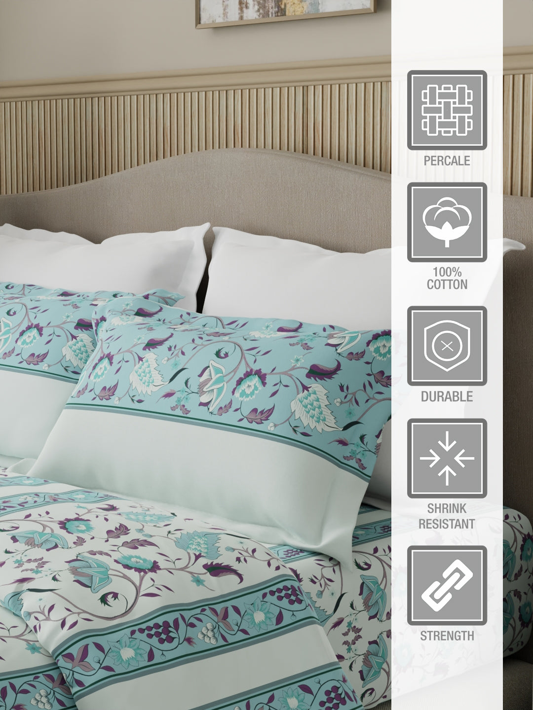 Valatia 100% Cotton 200 TC Karigari Printed Double Bedsheet with 2 Pillow Covers - Blue & White