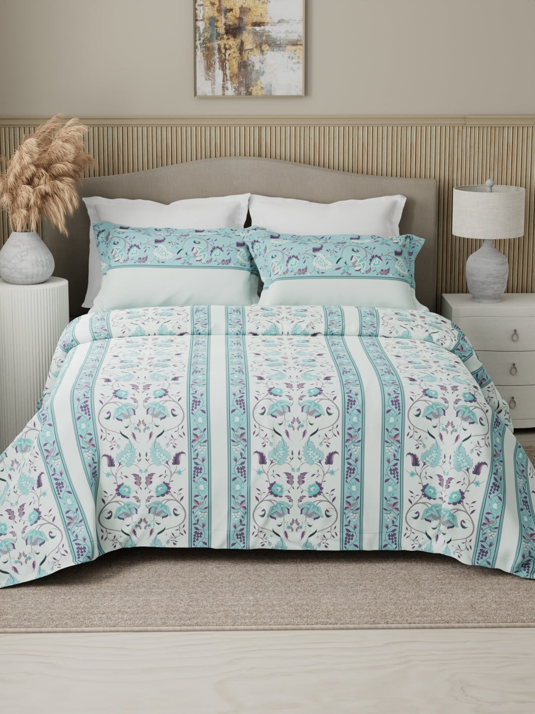 Valatia 100% Cotton 200 TC Karigari Printed Double Bedsheet with 2 Pillow Covers - Blue & White