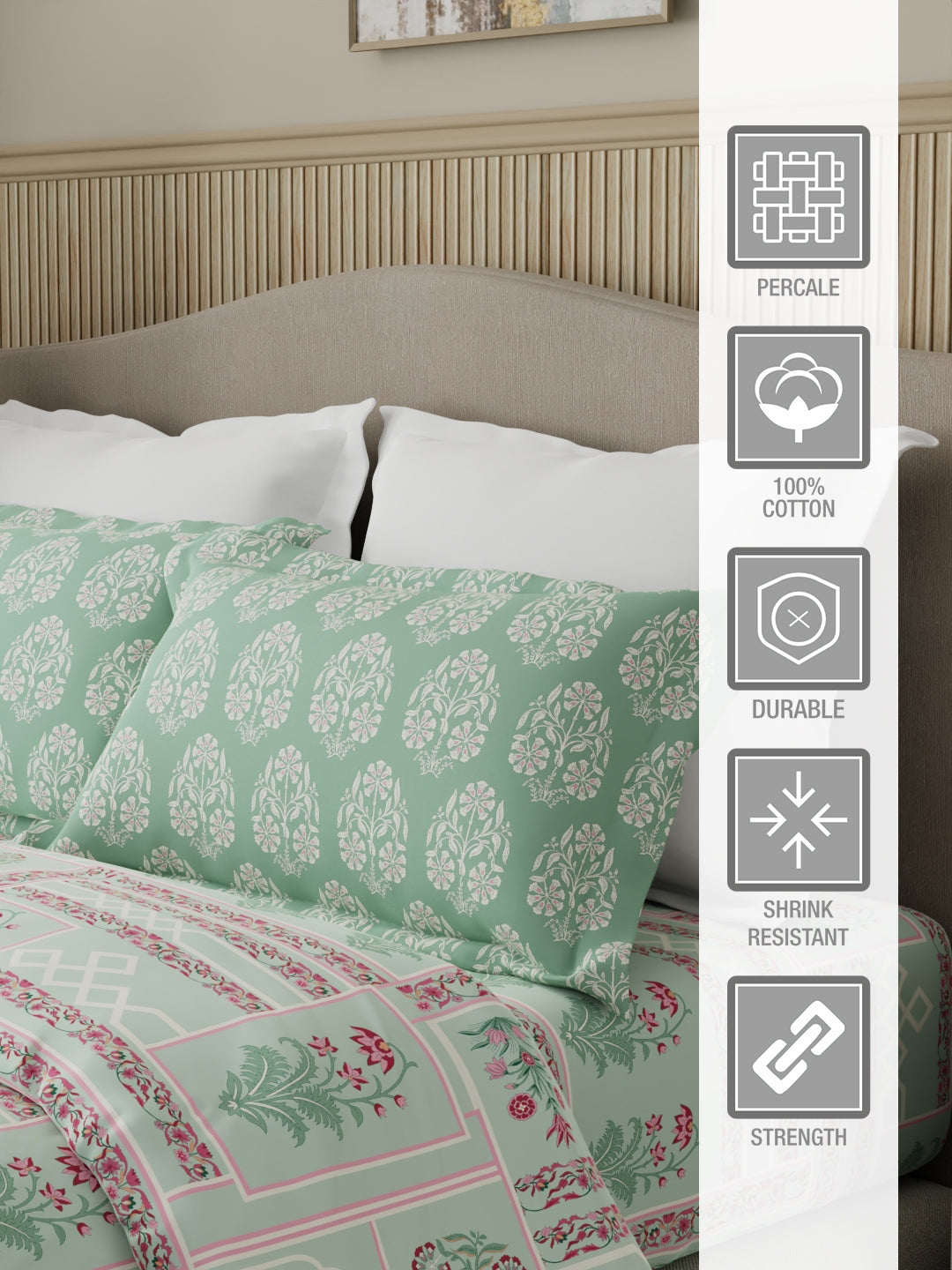 Valatia 100% Cotton 200 TC Karigari Printed Double Bedsheet with 2 Pillow Covers - Green & Pink