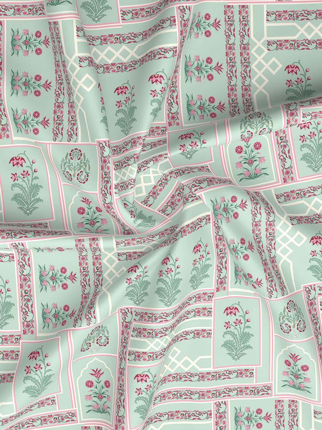 Valatia 100% Cotton 200 TC Karigari Printed Double Bedsheet with 2 Pillow Covers - Green & Pink