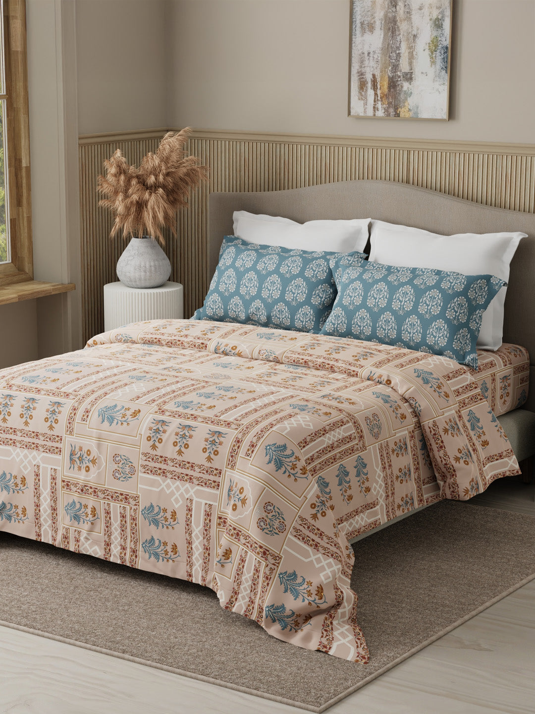 Valatia 100% Cotton 200 TC Karigari Printed Double Bedsheet with 2 Pillow Covers - Brown & Blue