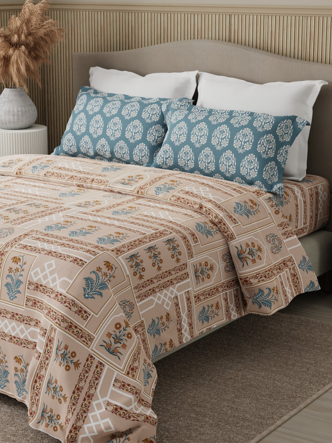 Valatia 100% Cotton 200 TC Karigari Printed Double Bedsheet with 2 Pillow Covers - Brown & Blue