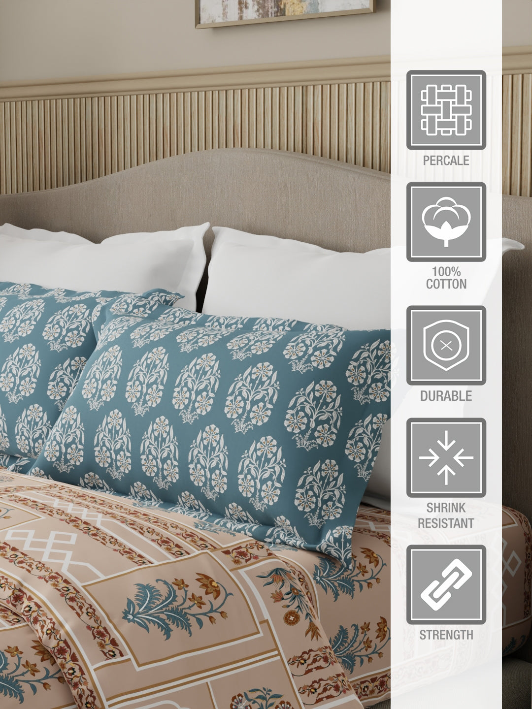 Valatia 100% Cotton 200 TC Karigari Printed Double Bedsheet with 2 Pillow Covers - Brown & Blue