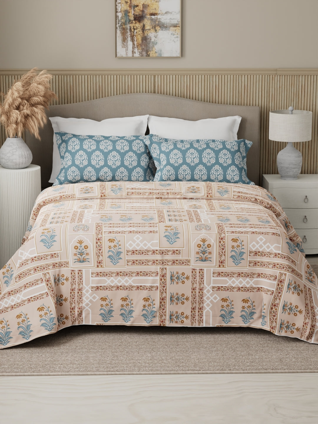 Valatia 100% Cotton 200 TC Karigari Printed Double Bedsheet with 2 Pillow Covers - Brown & Blue