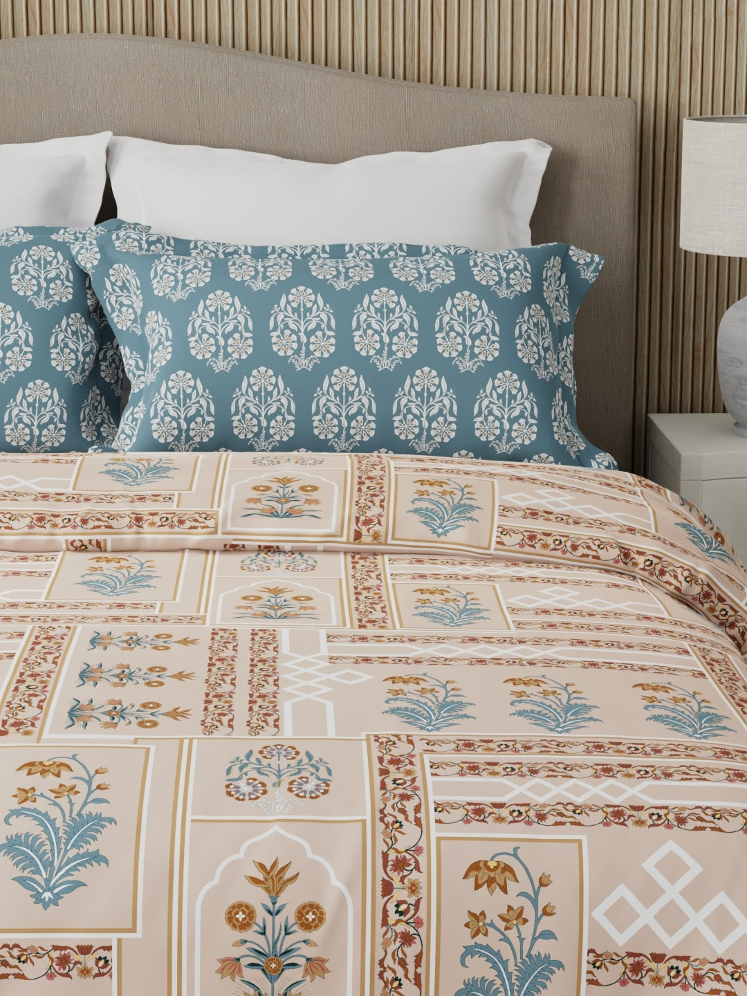 Valatia 100% Cotton 200 TC Karigari Printed Double Bedsheet with 2 Pillow Covers - Brown & Blue