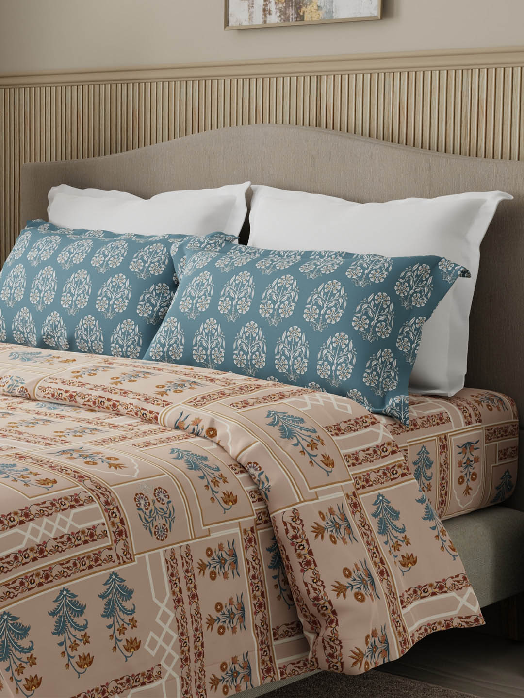Valatia 100% Cotton 200 TC Karigari Printed Double Bedsheet with 2 Pillow Covers - Brown & Blue