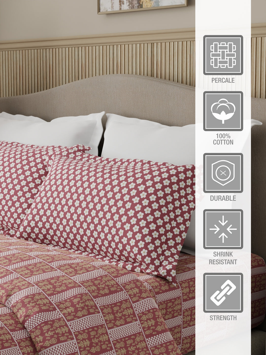 Valatia 100% Cotton 200 TC Karigari Printed Double Bedsheet with 2 Pillow Covers - Pink