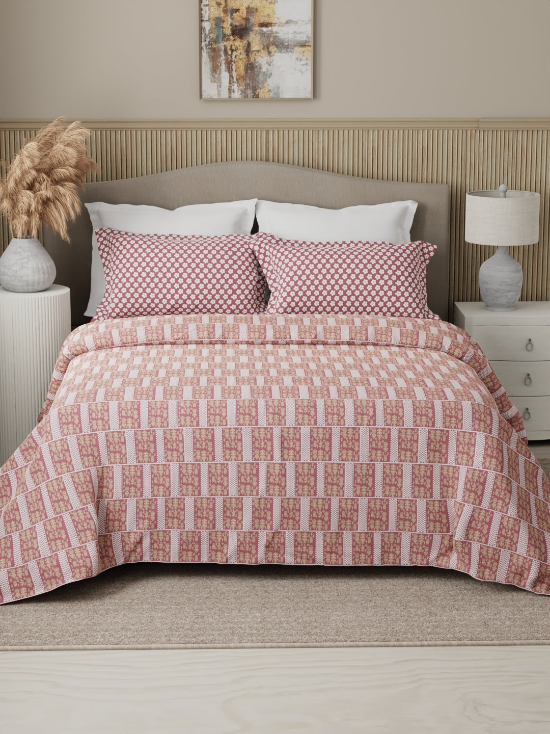 Valatia 100% Cotton 200 TC Karigari Printed Double Bedsheet with 2 Pillow Covers - Pink