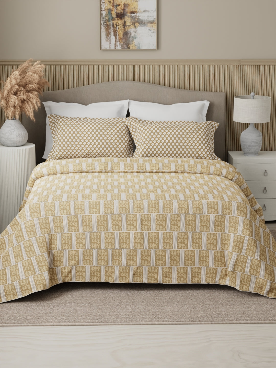 Valatia 100% Cotton 200 TC Karigari Printed Double Bedsheet with 2 Pillow Covers - Beige