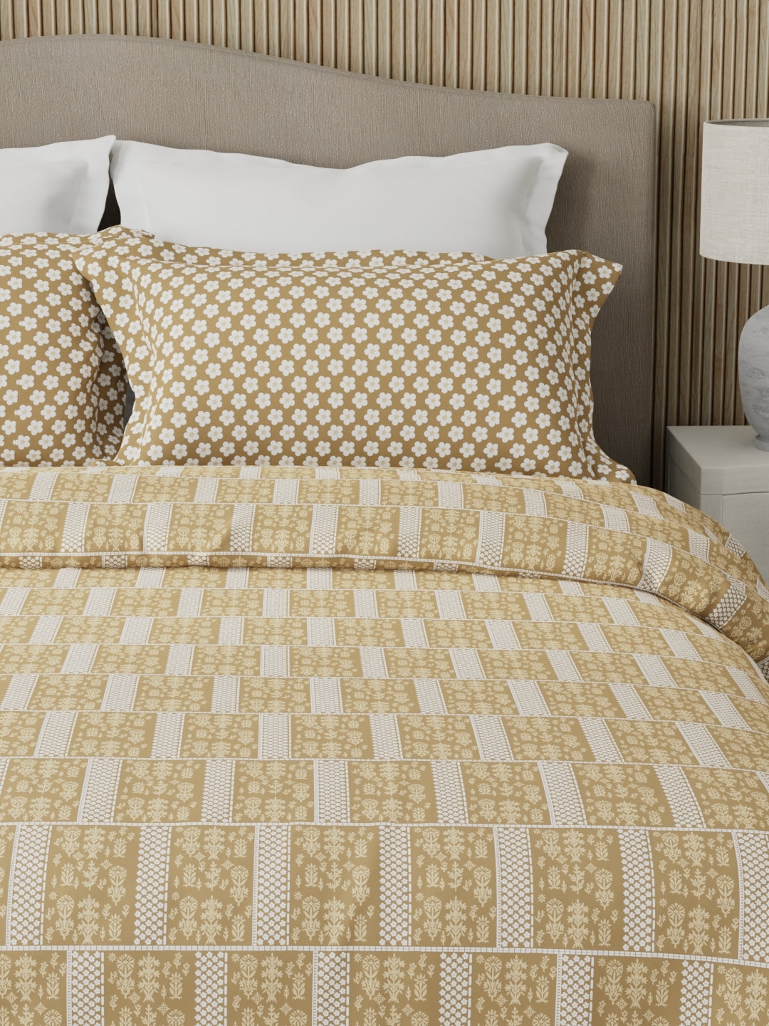 Valatia 100% Cotton 200 TC Karigari Printed Double Bedsheet with 2 Pillow Covers - Beige