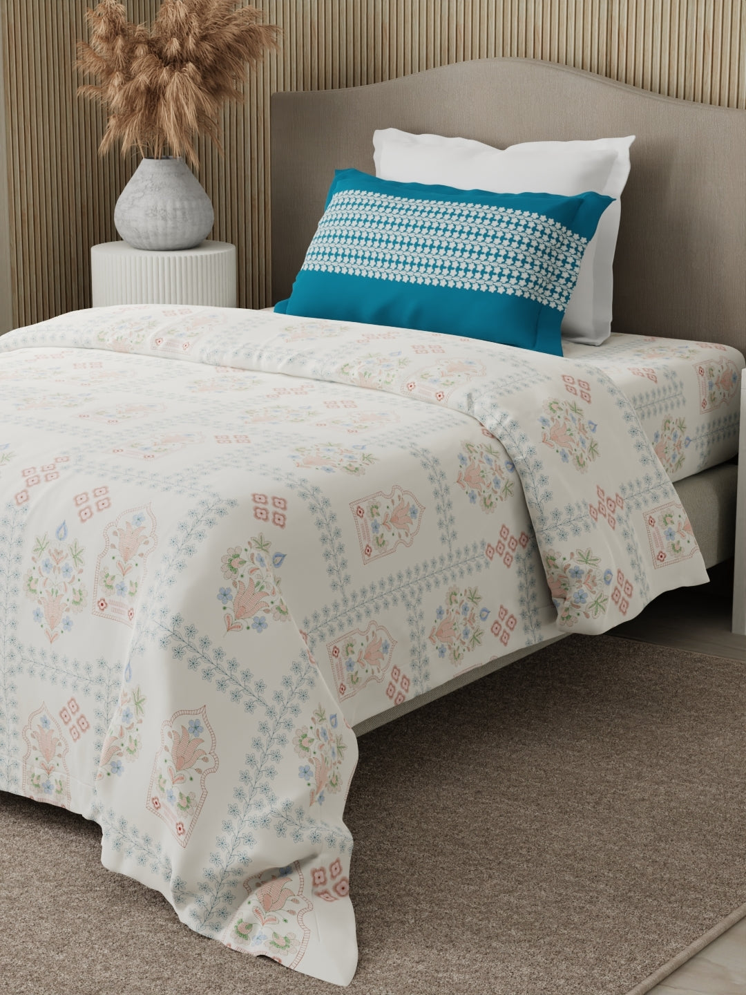 Valatia 100% Cotton 200 TC Karigari Printed Single Bedsheet with 1 Pillow Cover - Blue & White