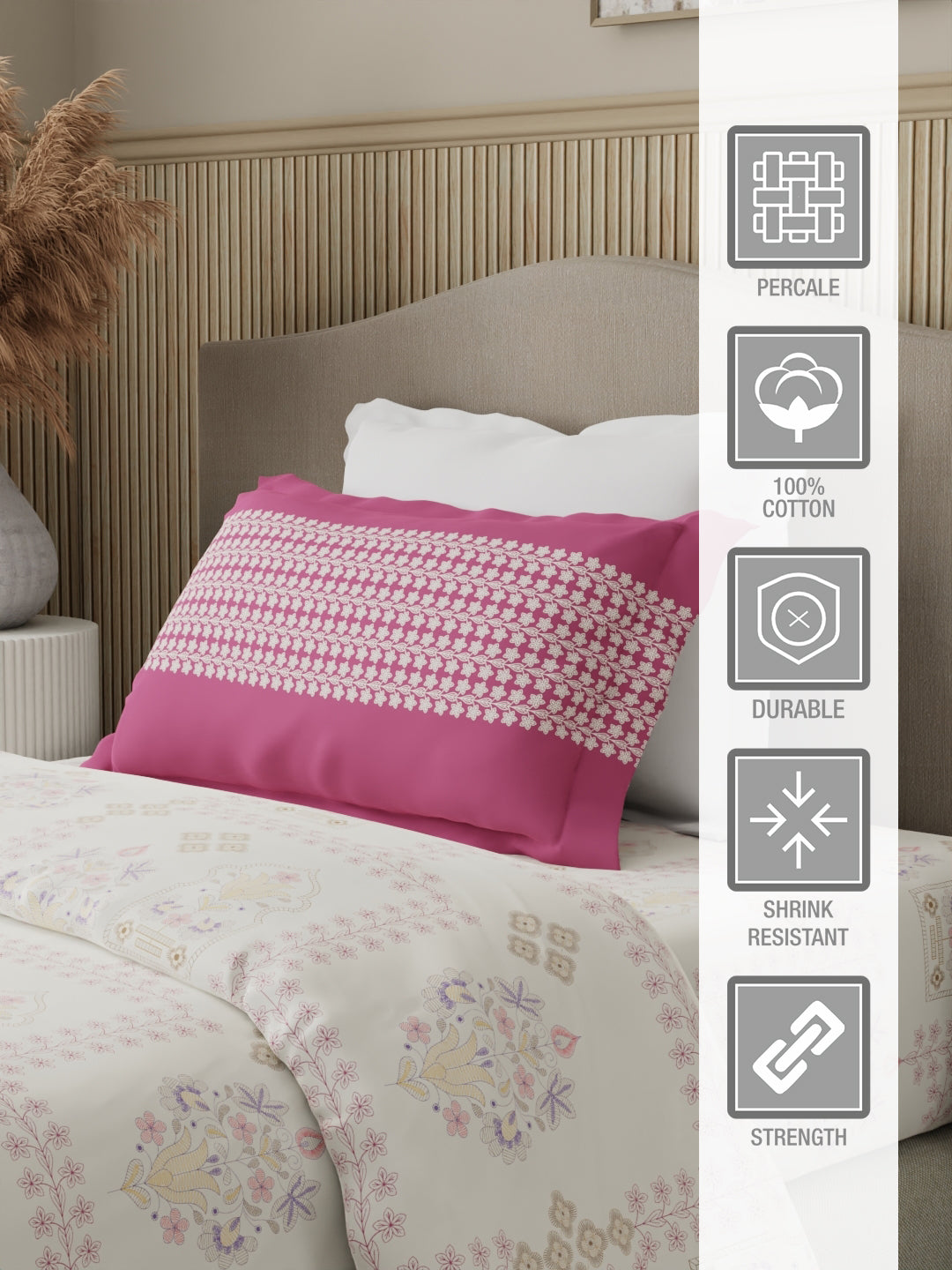 100% Cotton 200 TC Karigari Printed Single Bedsheet with 1 Pillow Cover - Dark Pink & White - Valatia