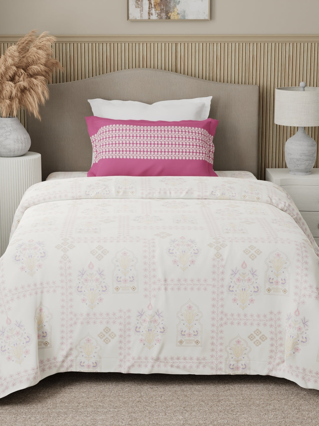 100% Cotton 200 TC Karigari Printed Single Bedsheet with 1 Pillow Cover - Dark Pink & White - Valatia