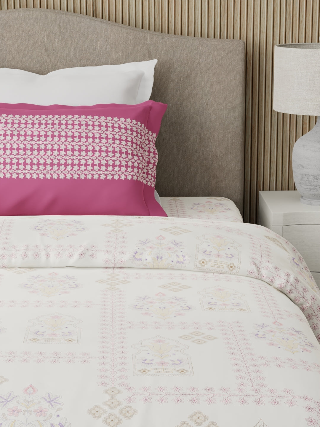 100% Cotton 200 TC Karigari Printed Single Bedsheet with 1 Pillow Cover - Dark Pink & White - Valatia