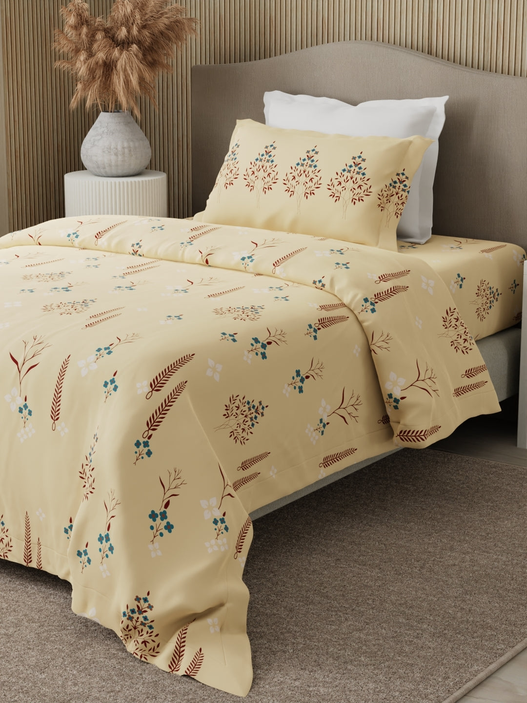 100% Cotton 200 TC Karigari Printed Single Bedsheet with 1 Pillow Cover - Yellow - Valatia