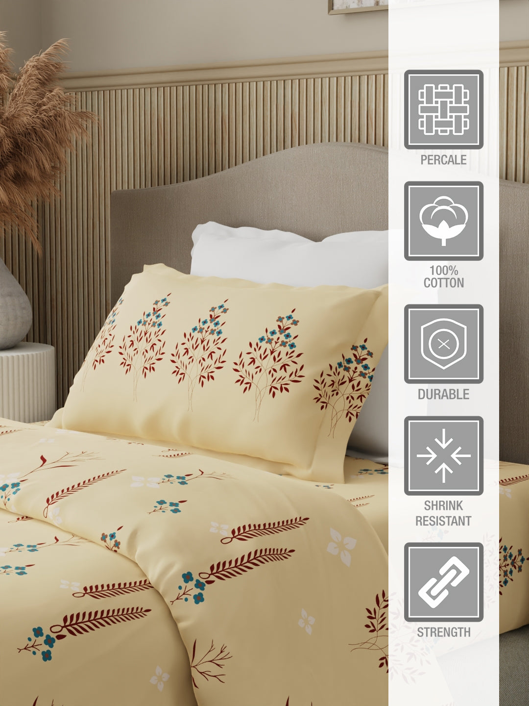 100% Cotton 200 TC Karigari Printed Single Bedsheet with 1 Pillow Cover - Yellow - Valatia