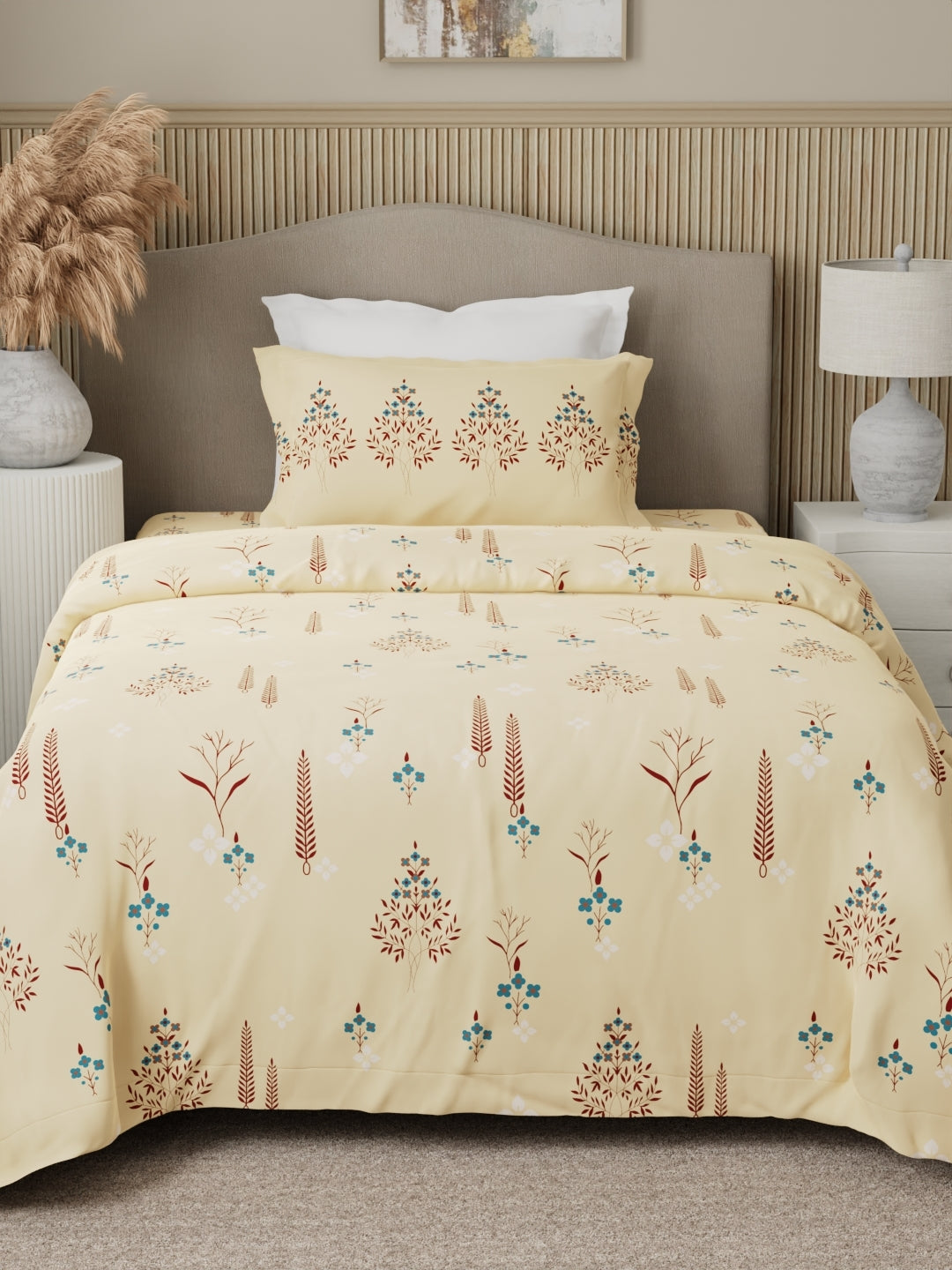 100% Cotton 200 TC Karigari Printed Single Bedsheet with 1 Pillow Cover - Yellow - Valatia