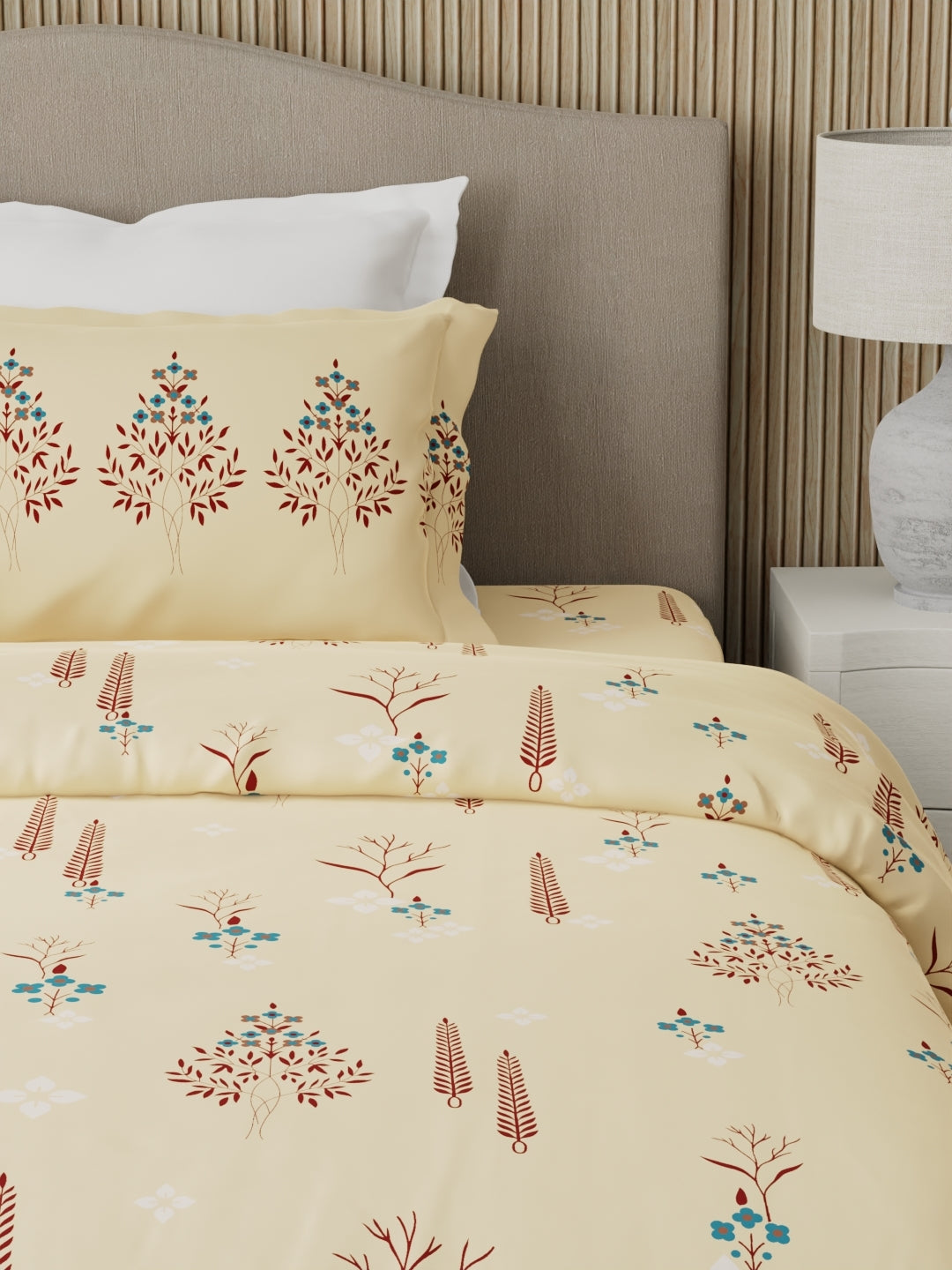 100% Cotton 200 TC Karigari Printed Single Bedsheet with 1 Pillow Cover - Yellow - Valatia