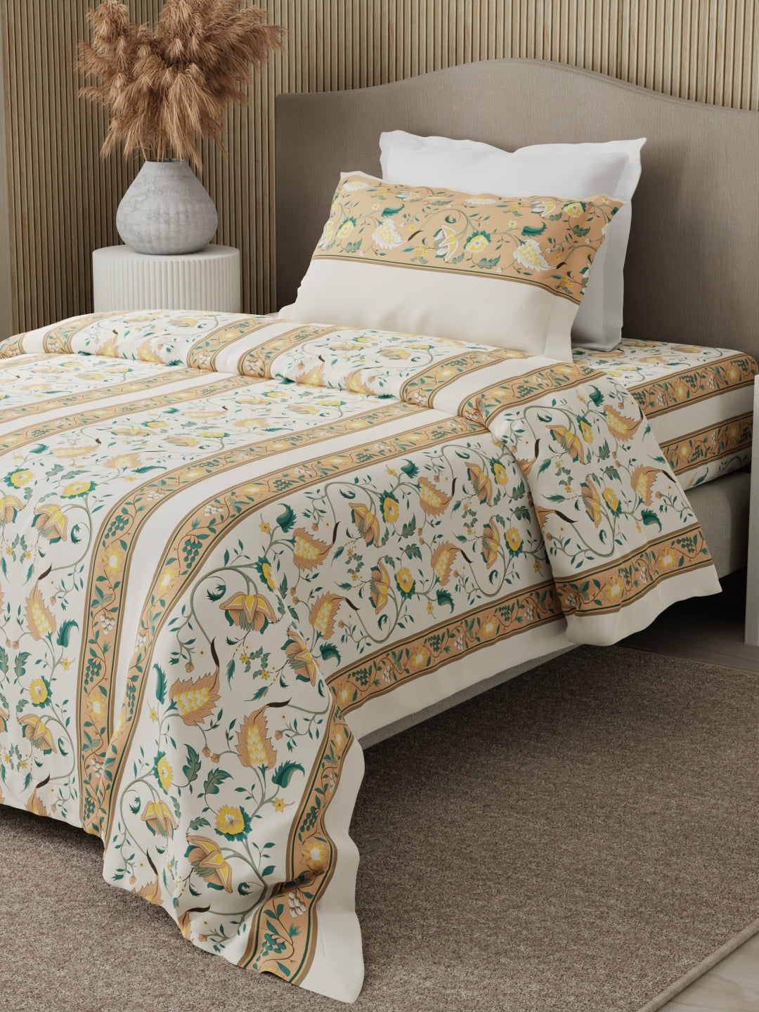 100% Cotton 200 TC Karigari Printed Single Bedsheet with 1 Pillow Cover - Yellow & White - Valatia