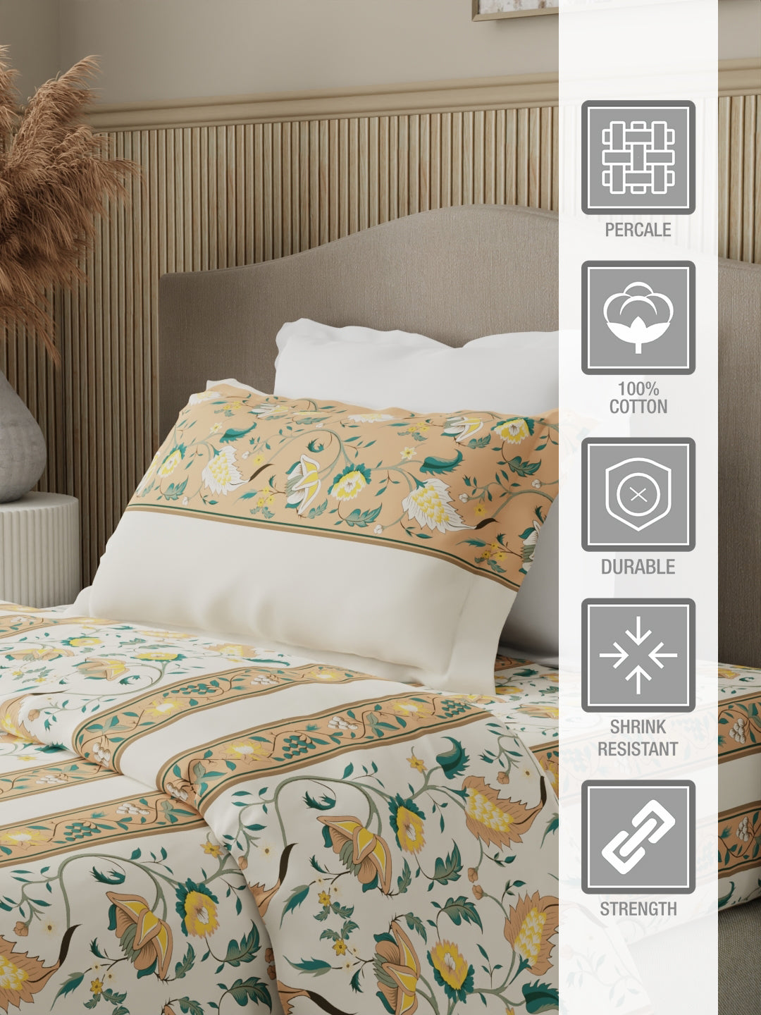 100% Cotton 200 TC Karigari Printed Single Bedsheet with 1 Pillow Cover - Yellow & White - Valatia