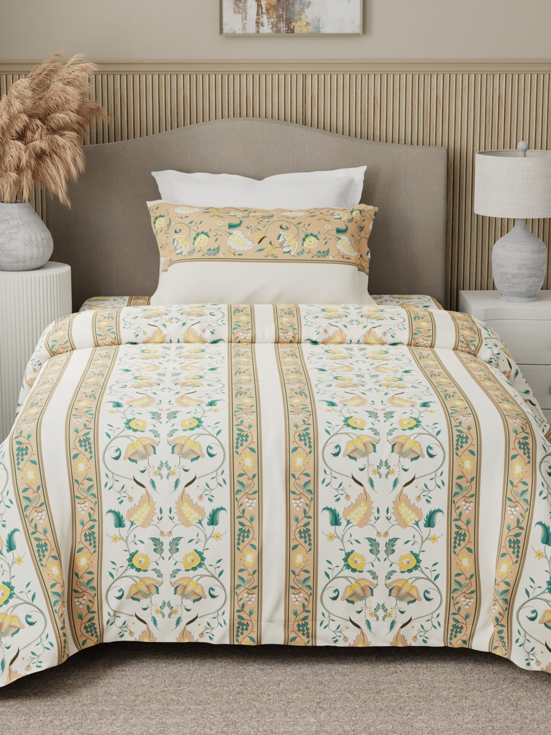 100% Cotton 200 TC Karigari Printed Single Bedsheet with 1 Pillow Cover - Yellow & White - Valatia